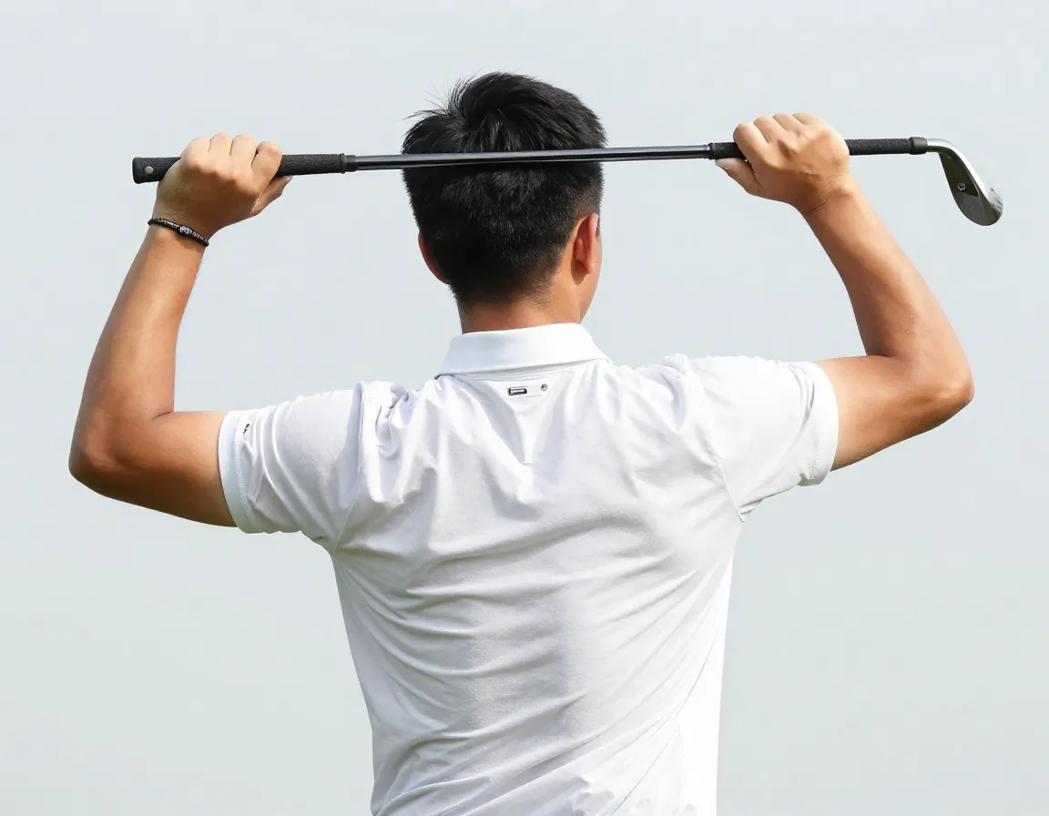 Golfer maintaining connected arms and chest during backswing