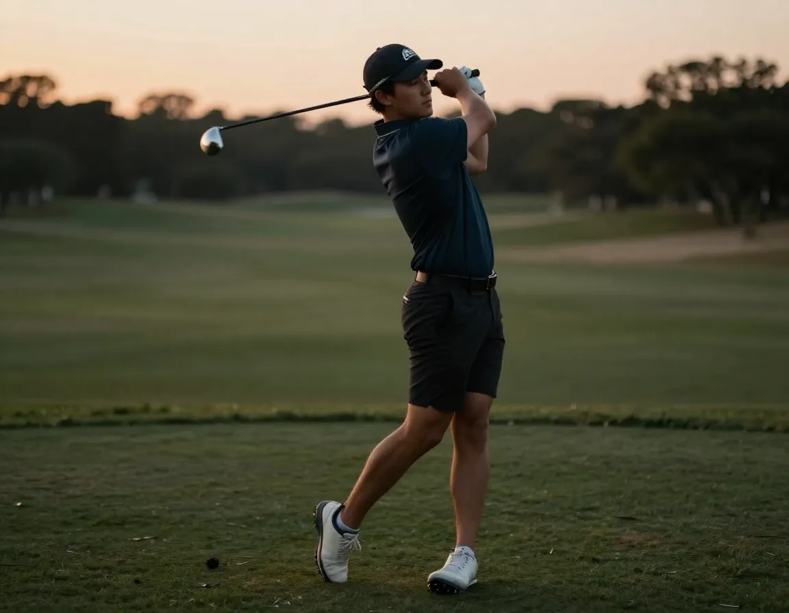 Golfer smooth swing tempo motion blur golden hour