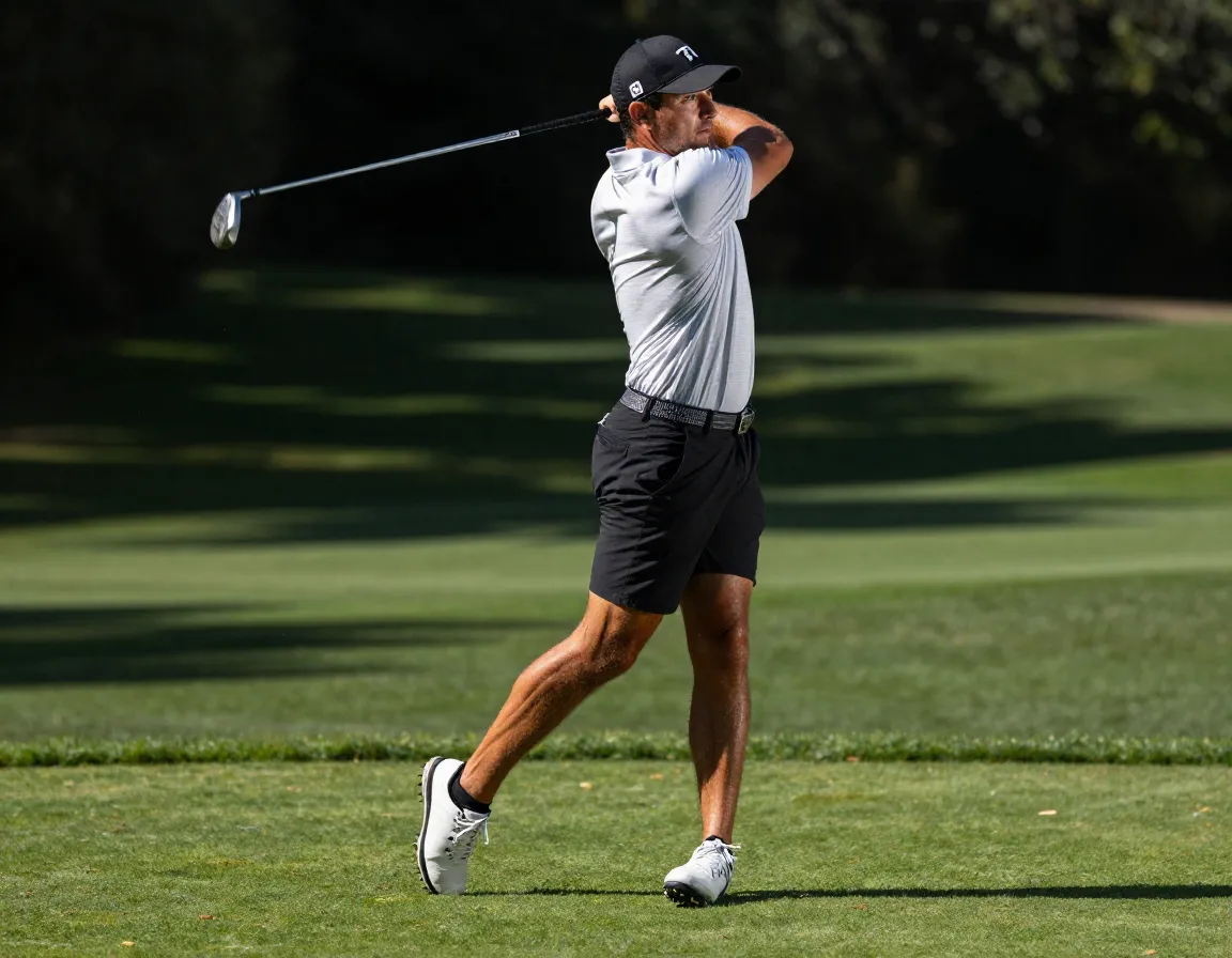 Powerful golf swing with engaged core leg shoulder muscles