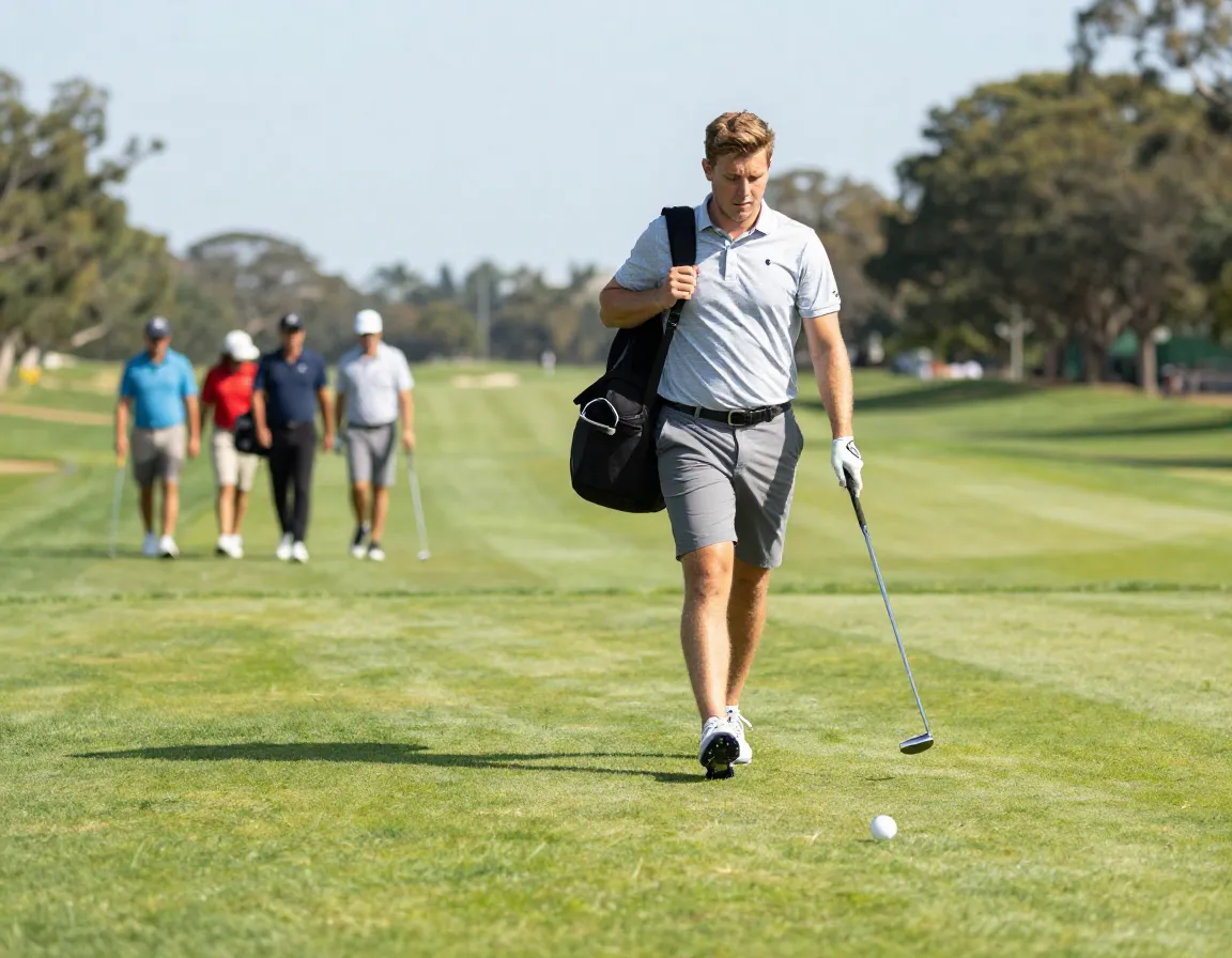 Ready golfer walking briskly towards ball with pre selected club in hand