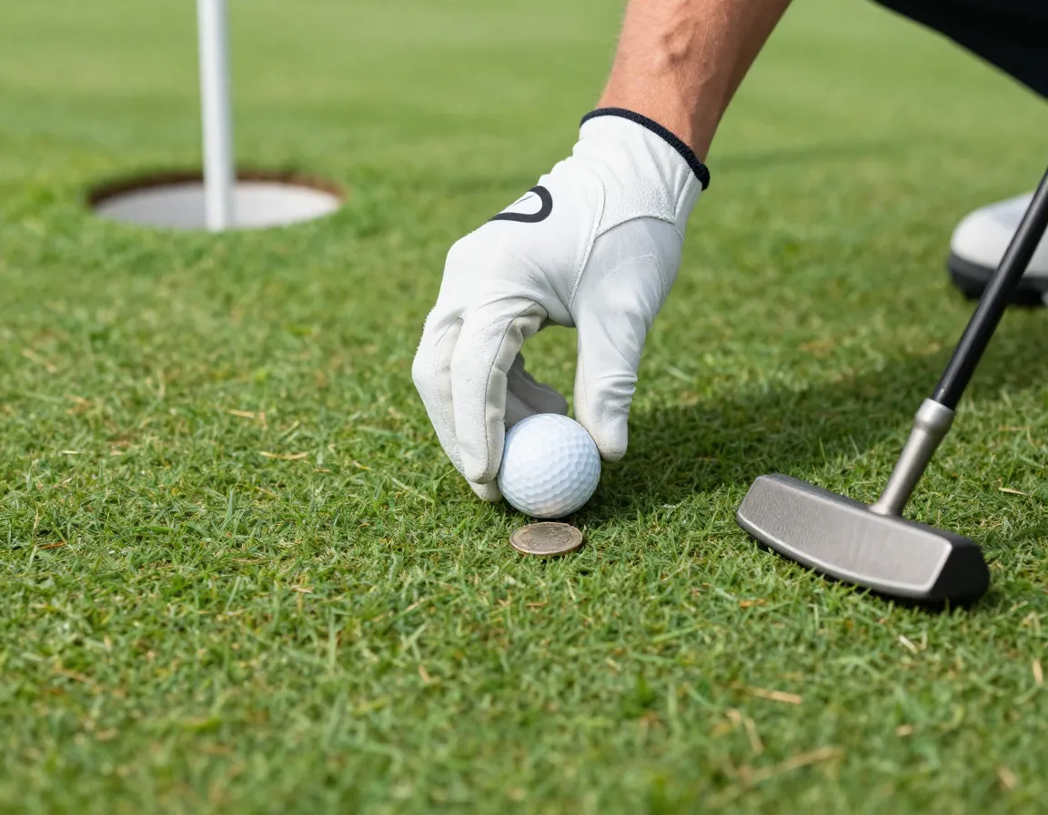 Golfer carefully marking golf ball on putting green with coin