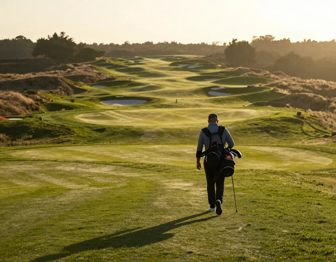 Golfer walking miles with bag on hilly course terrain