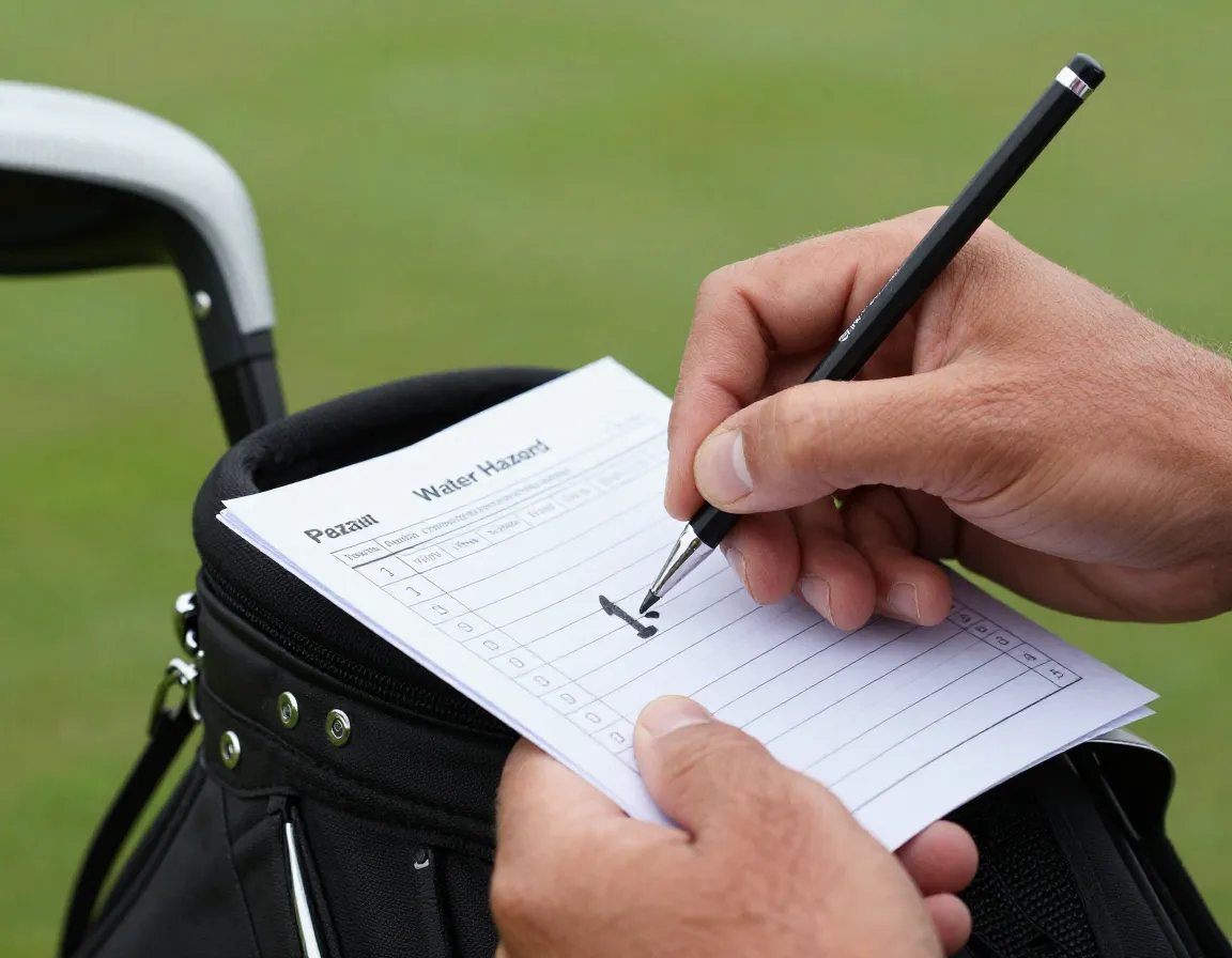 Close up of golfers hand marking a scorecard with penalty stroke