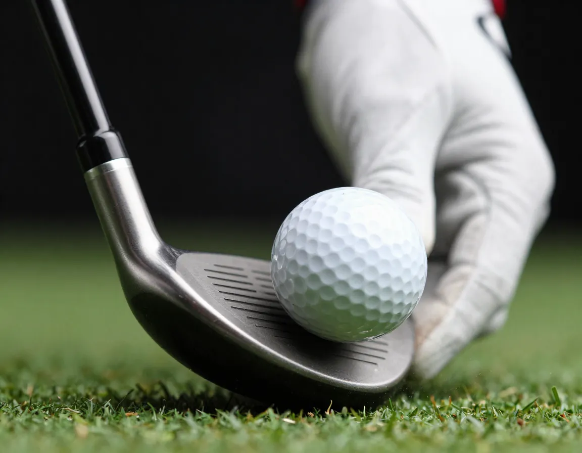 Closeup of golfers hands and clubface at impact moment
