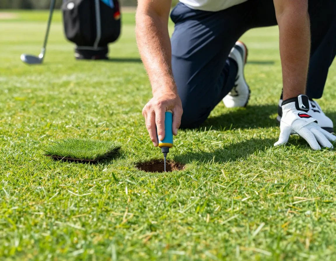Golfer using tool to repair divot on a lush green fairway