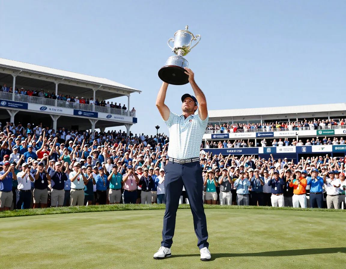 Professional golfer holding trophy on final green with crowd