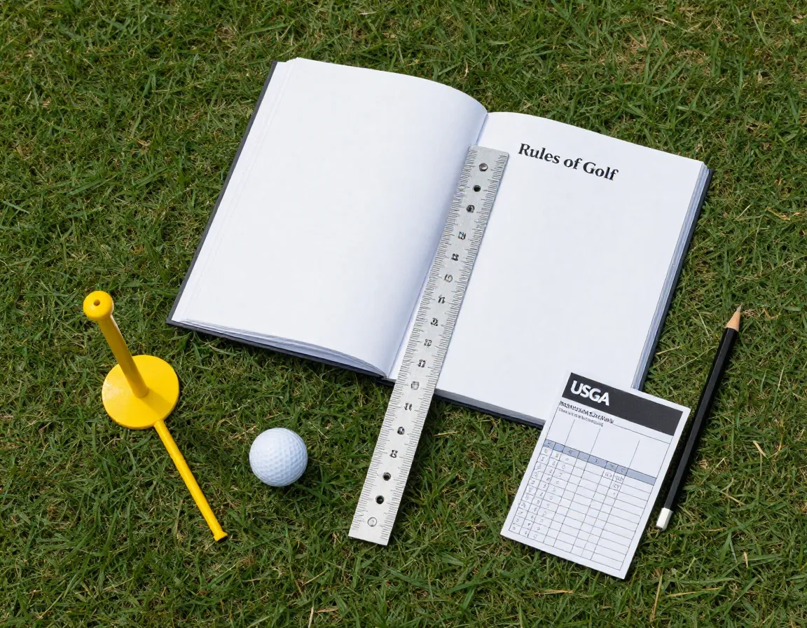 Official rulebook and measuring device on golf course