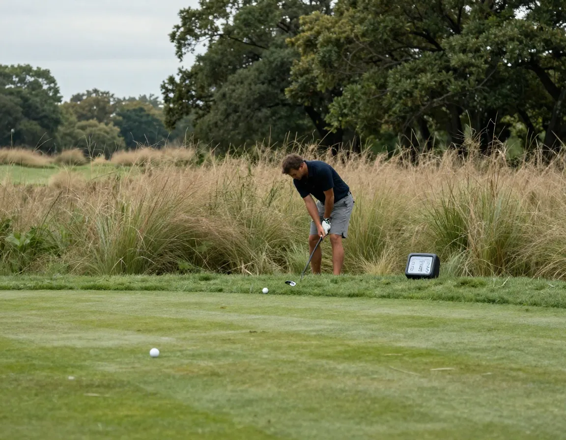 Golfer searching for lost ball in tall rough with timer