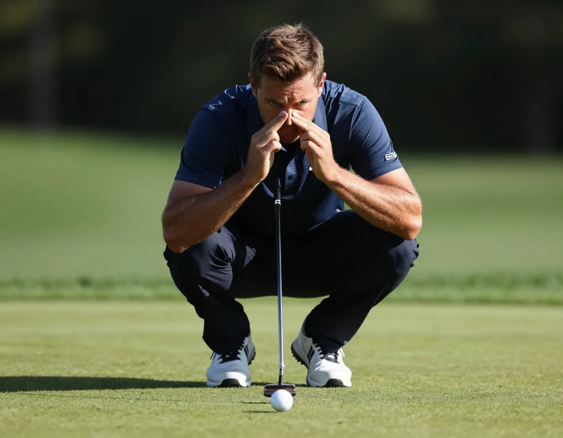Golfer in deep concentration lining up a crucial tournament putt