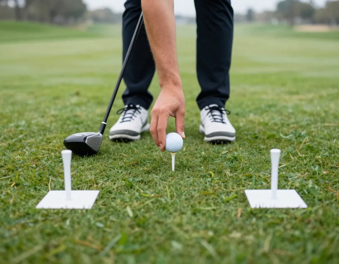 Golfer teeing up ball between two white tee box markers