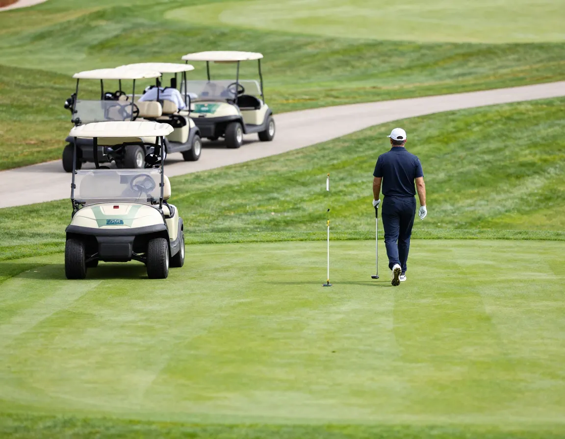Golf cart parked away from green with golfer walking towards pin