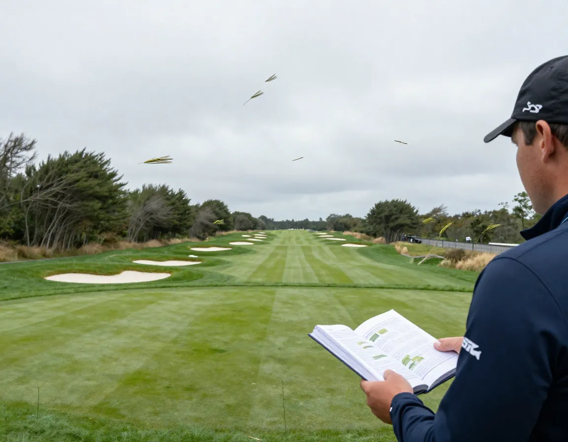 Golfer assessing wind and course strategy from a tee box
