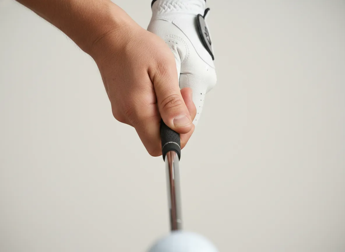 A right handed golfers hands demonstrating the proper grip on a club