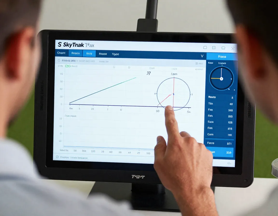 Golfer analyzing data charts from advanced launch monitor screen