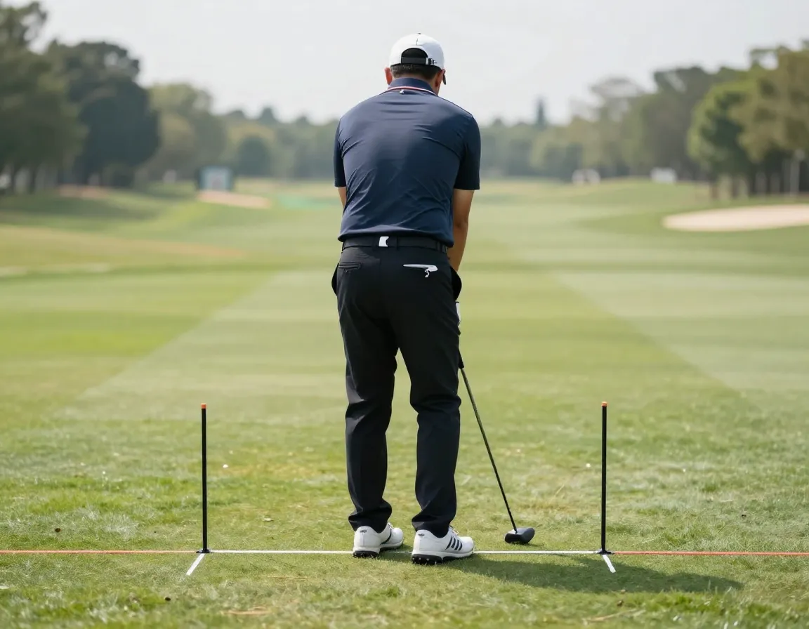Golfer on practice range using alignment sticks for perfect setup