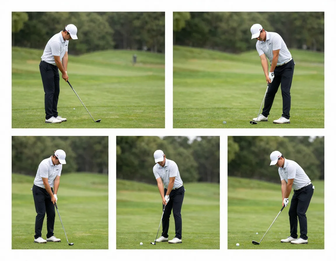 Four panel sequence of a golfers consistent pre shot routine