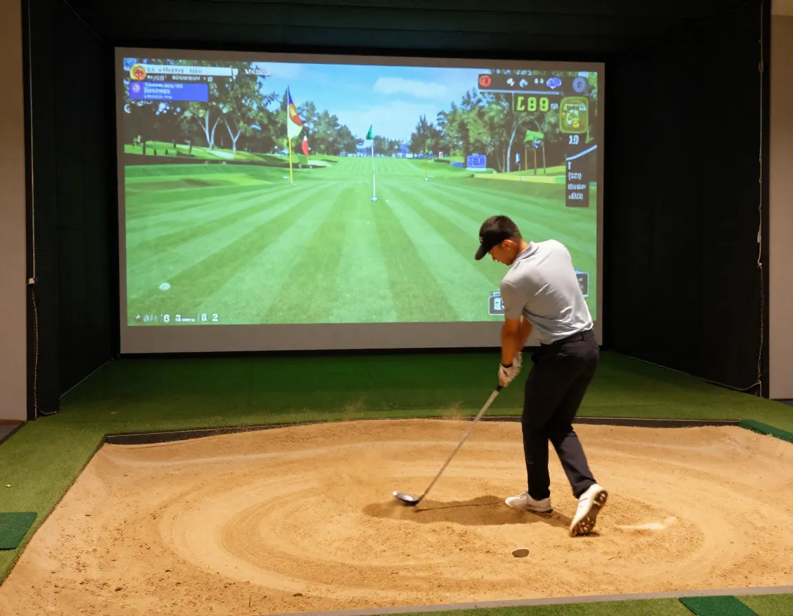 Golfer practicing bunker shot on simulator with varied course modes