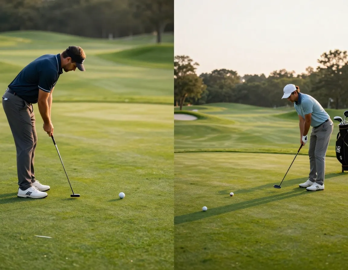 Golfer practicing long putts and chip shots on a practice green