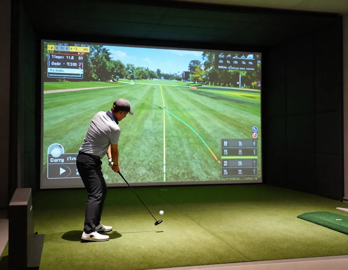 Golfer swinging driver on simulator with realistic ball flight trajectory