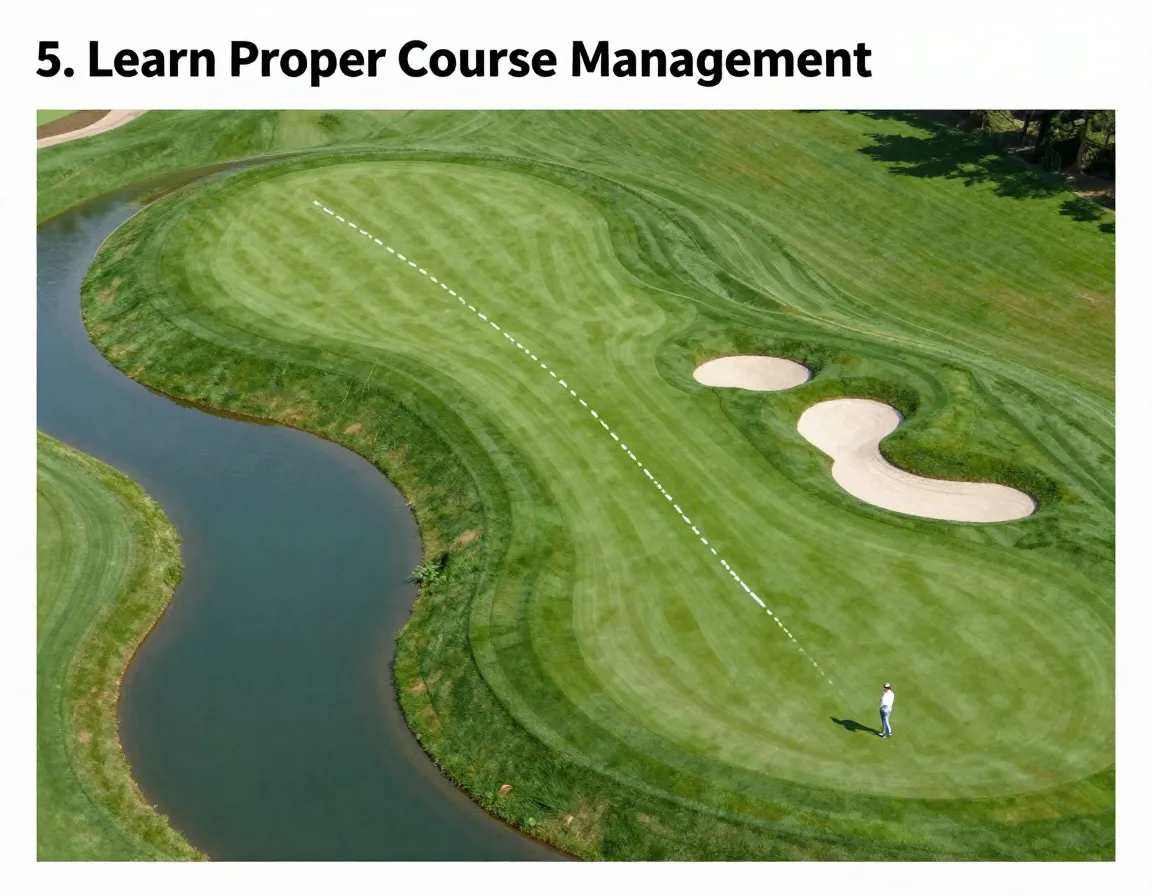 Overhead strategic view of a golf hole with a safe shot path
