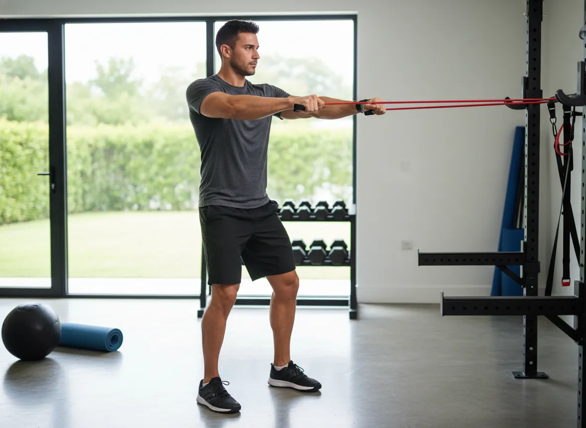 Golfer performing torso rotations with a resistance band