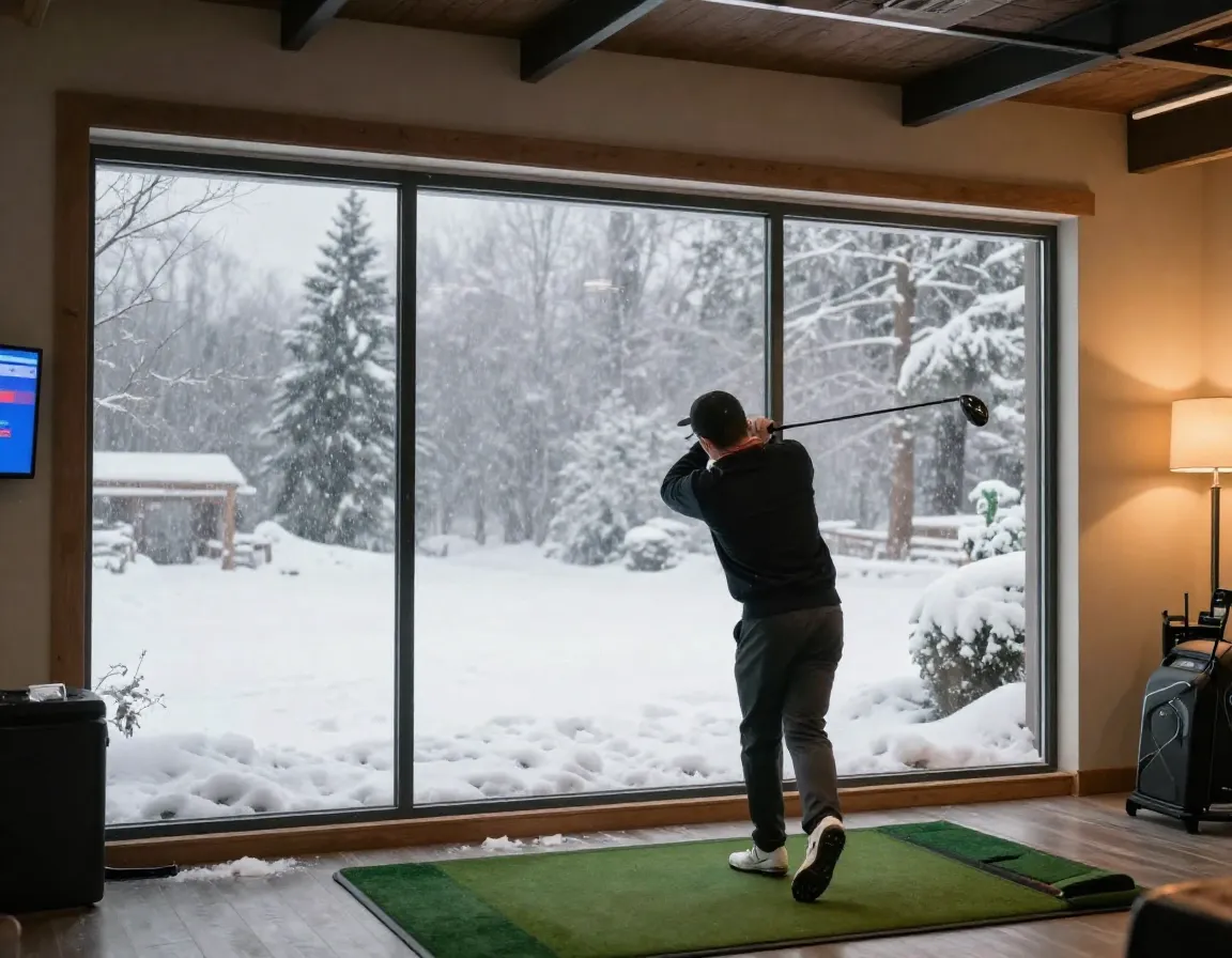 Golfer practicing swing indoors during winter snow visible through window
