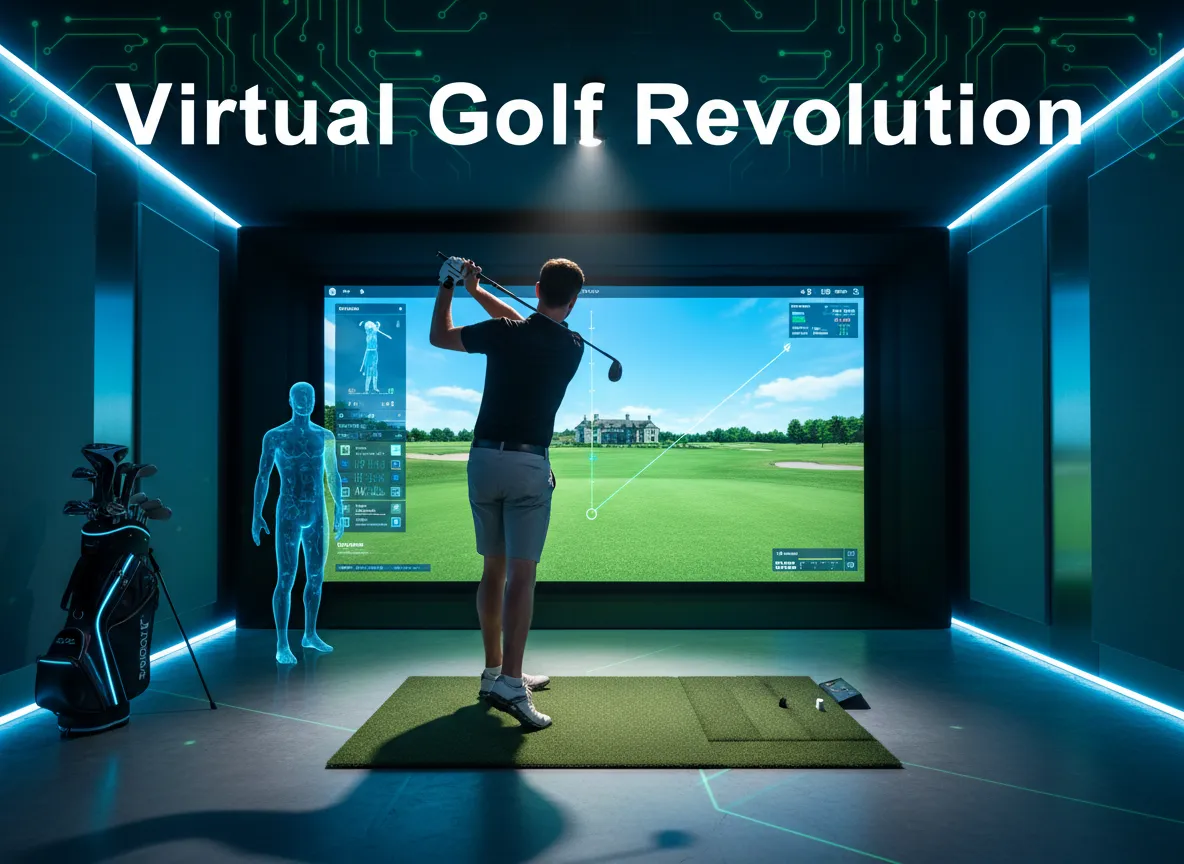 Golfer swing indoors simulator screen data hologram modern garage