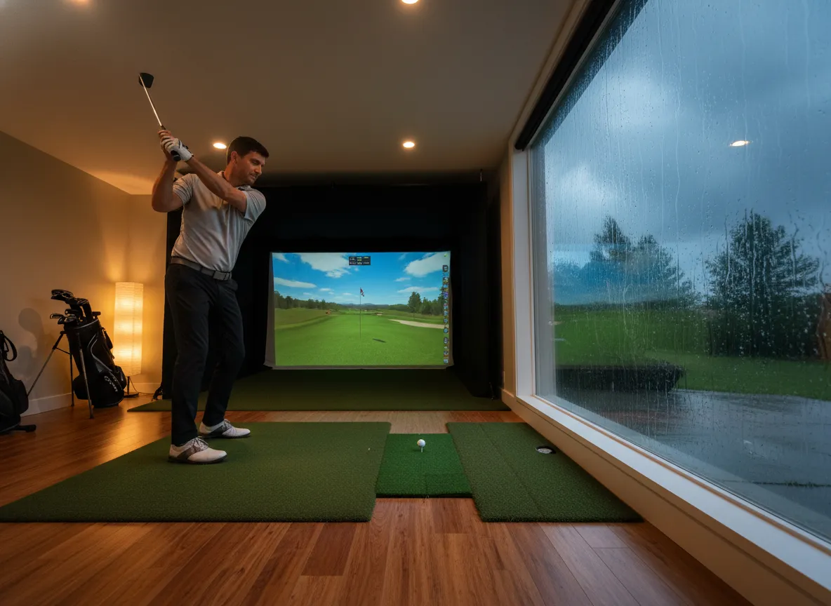 Golfer practicing in comfortable indoor setting during stormy weather