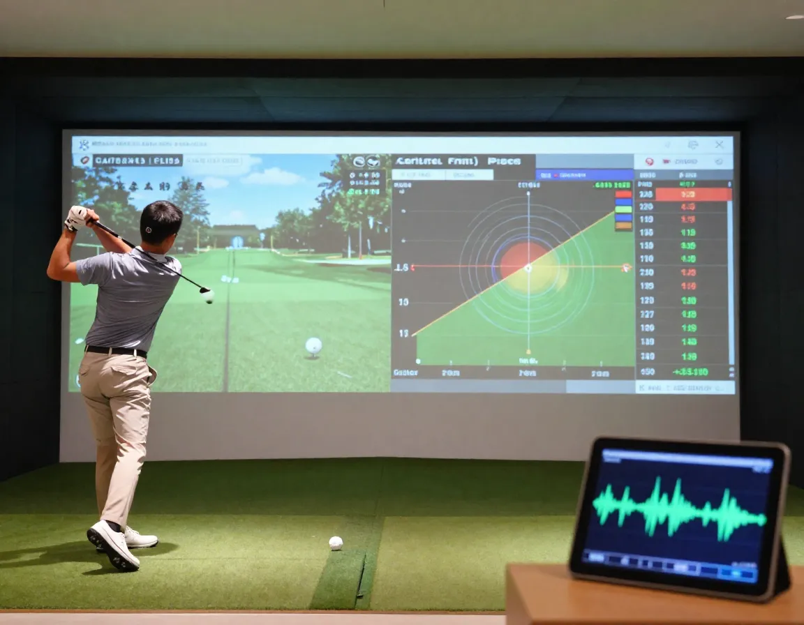 Detailed swing analytics overlay on golfer and golf simulator screen