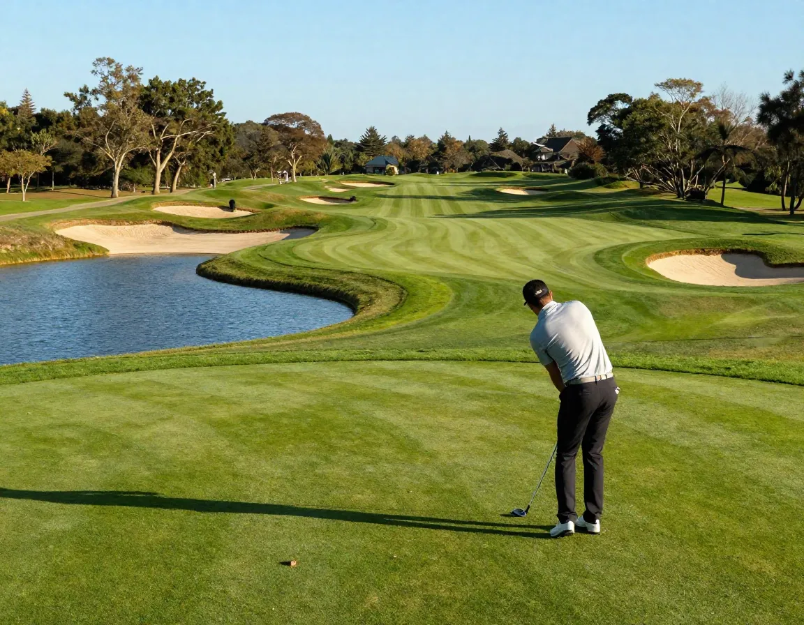 Strategic miss planning golfer aiming away from water hazard