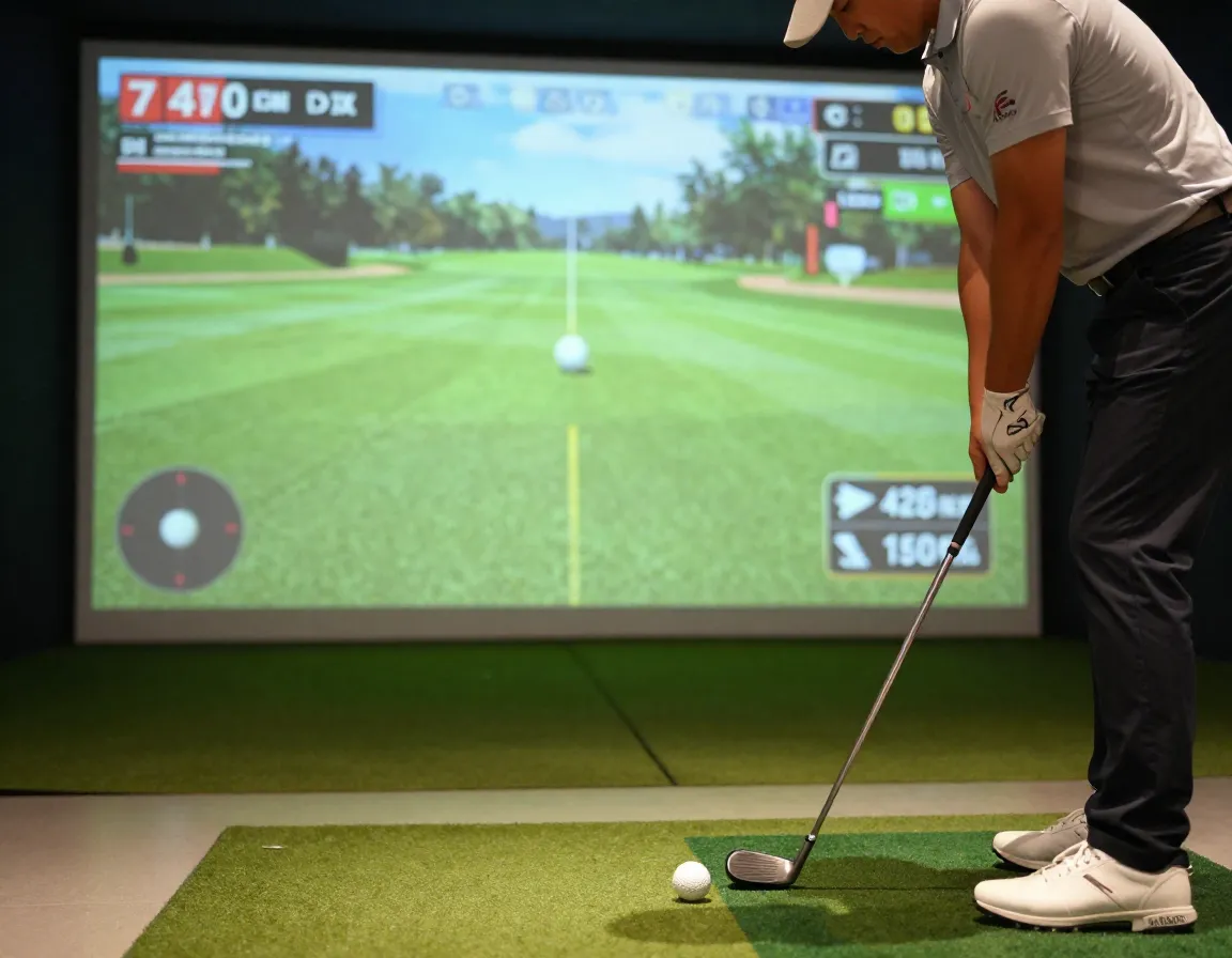 Golfer practicing a custom bunker shot scenario on a simulator