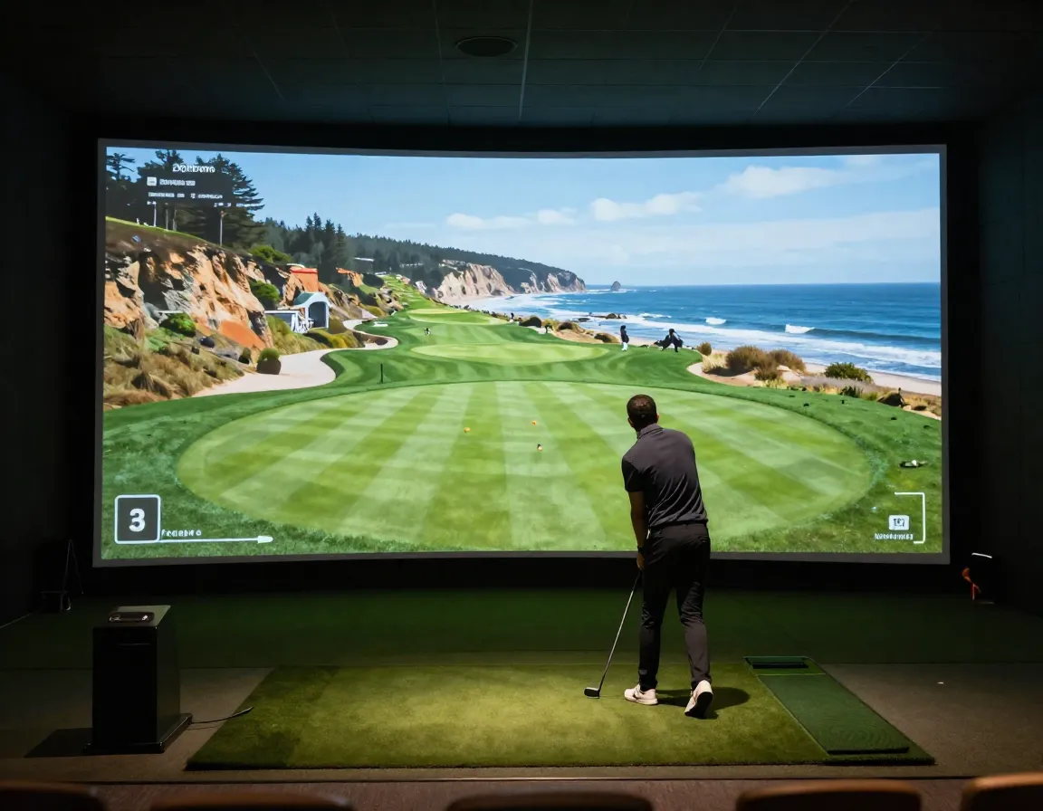 Golfer playing a virtual round on a famous coastal golf course simulation