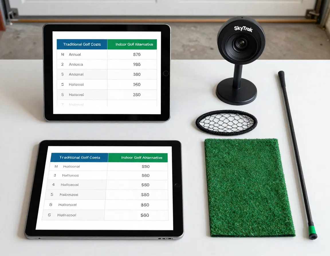 Cost comparison infographic on a tablet next to home simulator setup