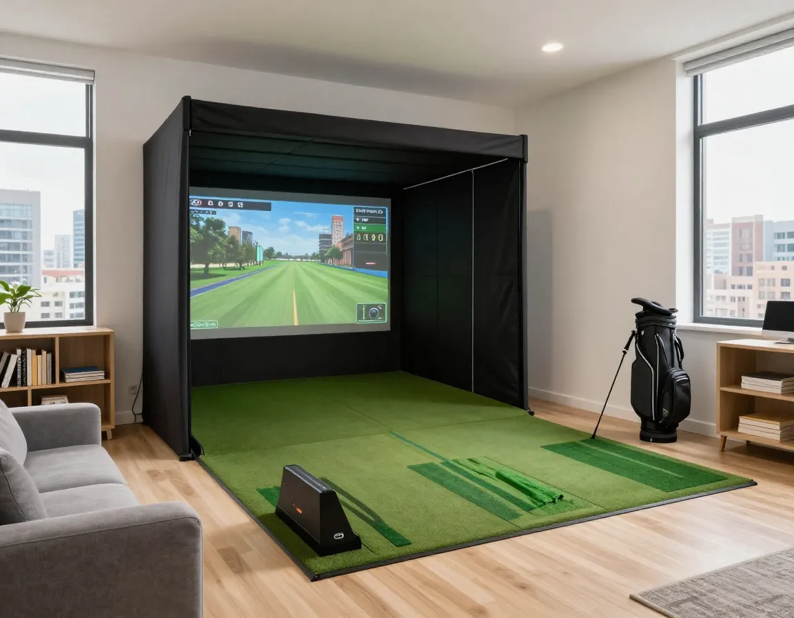 Compact golf simulator setup in a small urban apartment room