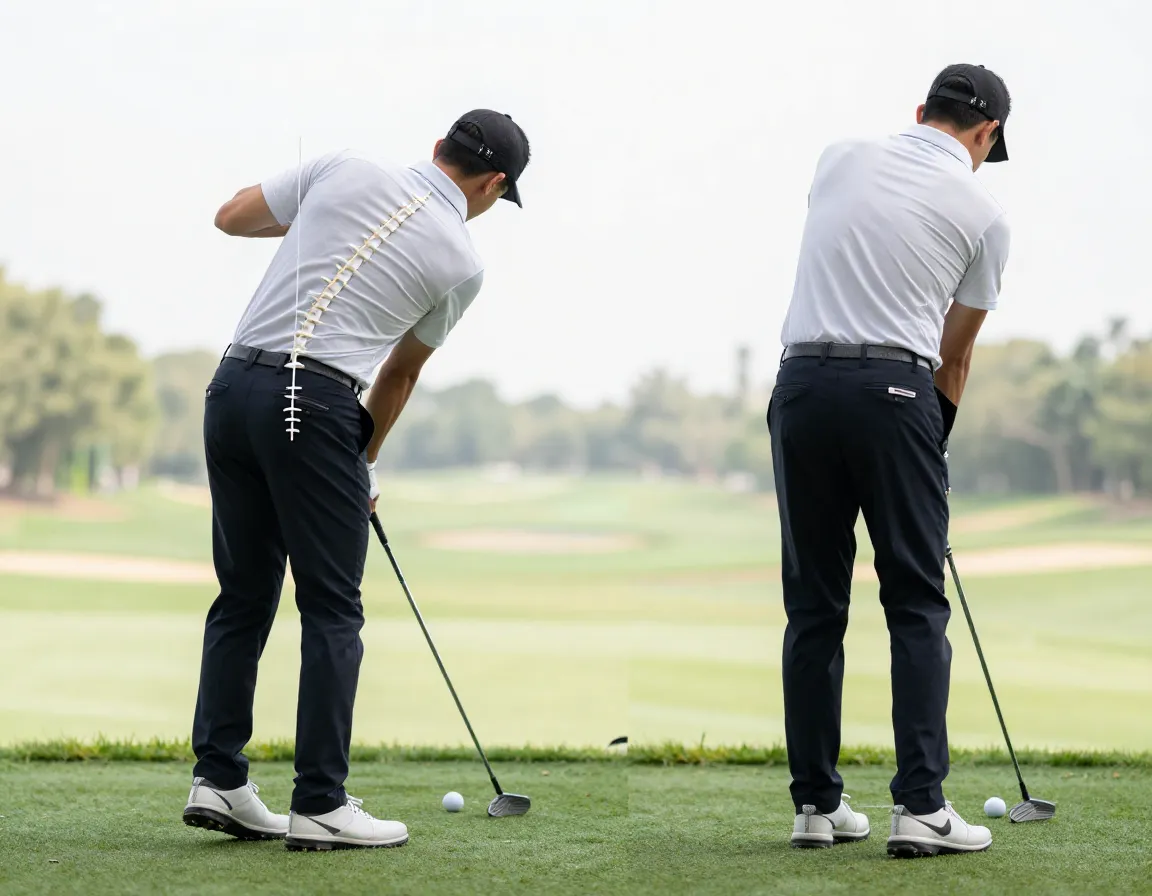 Spine angle consistency drill golf club along back posture