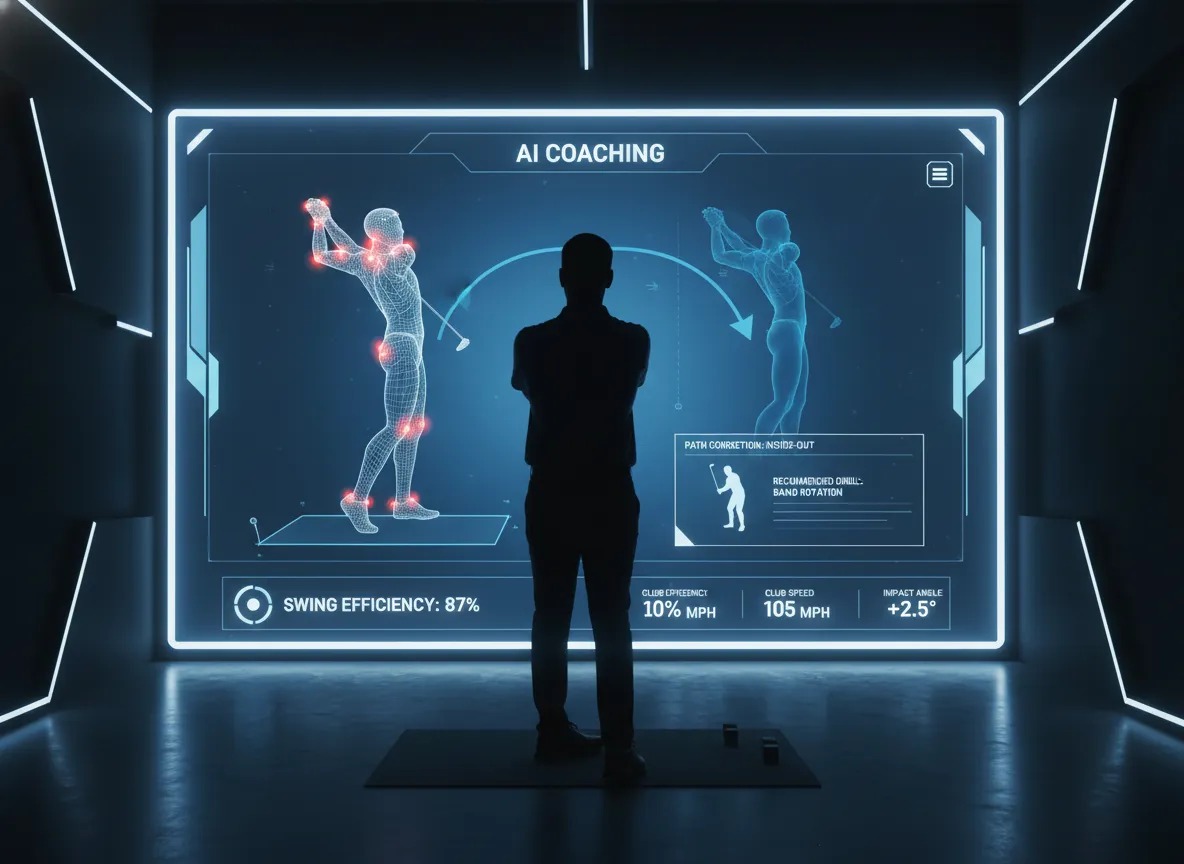 Ai coaching interface analyzing a golfers swing on a large screen