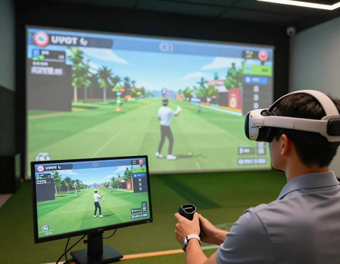 Golfer wearing a vr headset immersed in a 360 degree virtual golf world