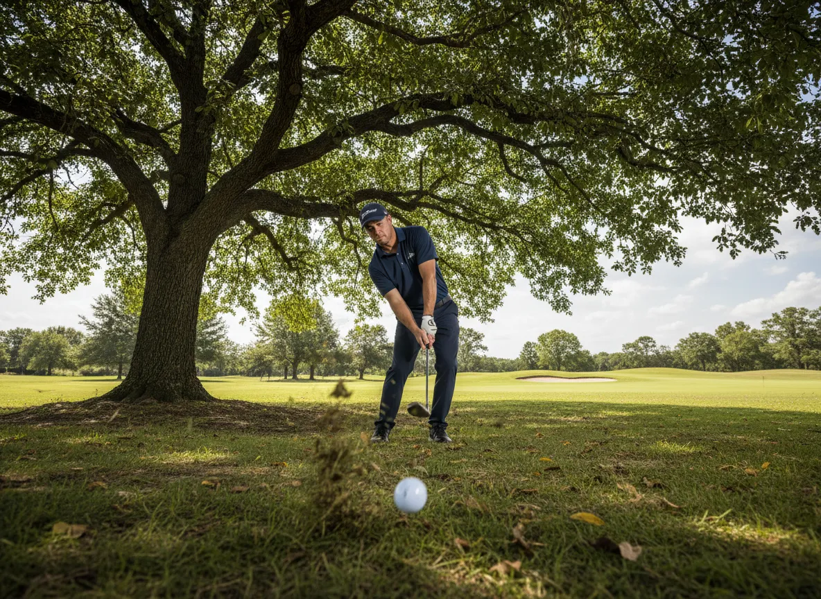 Recovery shot preparation golfer practicing punch shot under tree