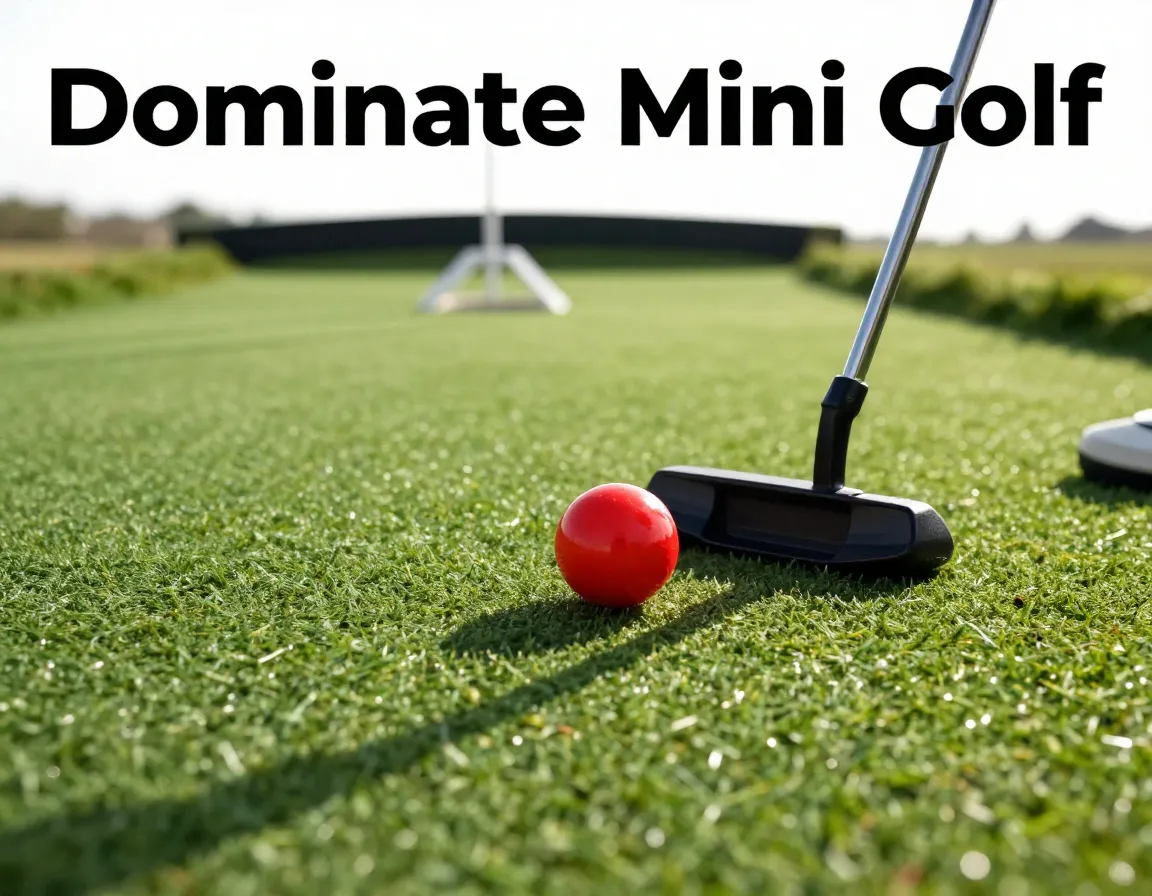 Red ball green turf black putter golf hole dramatic low angle