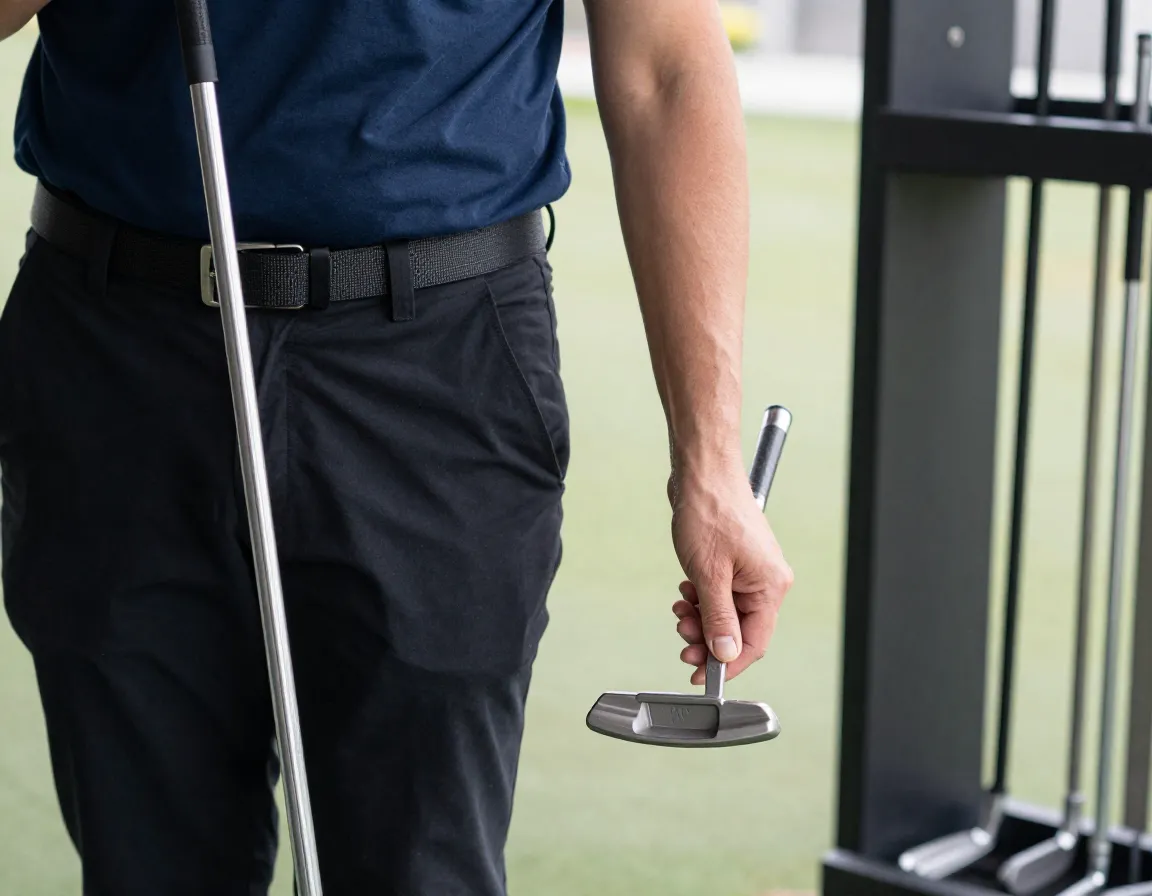 A person selecting a putter that reaches their waist level