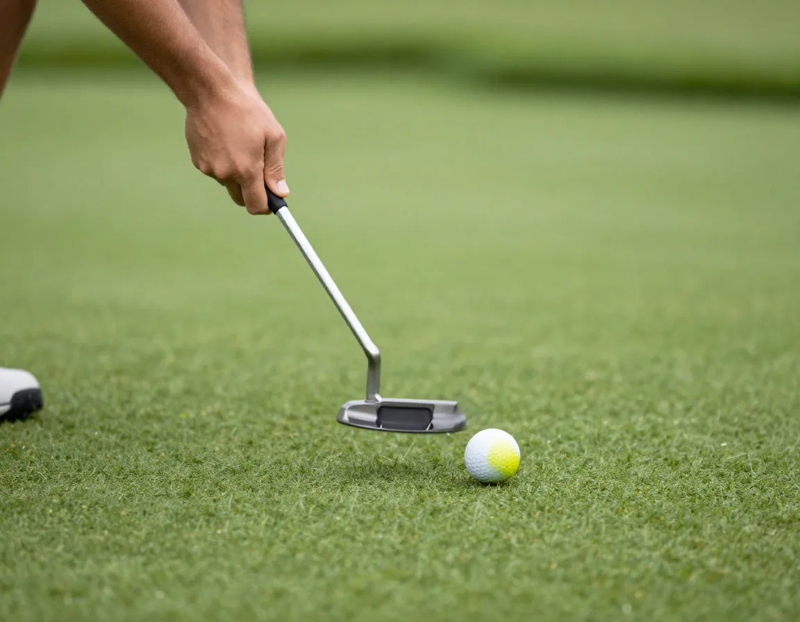 A gentle putting stroke with a smooth pendulum swing on turf