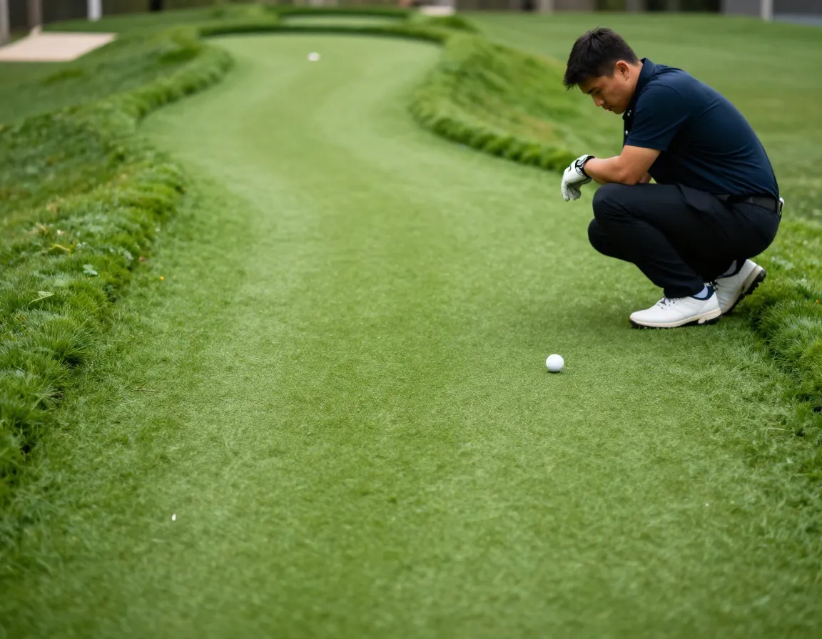 A golfer crouching to examine the slope of a miniature golf green