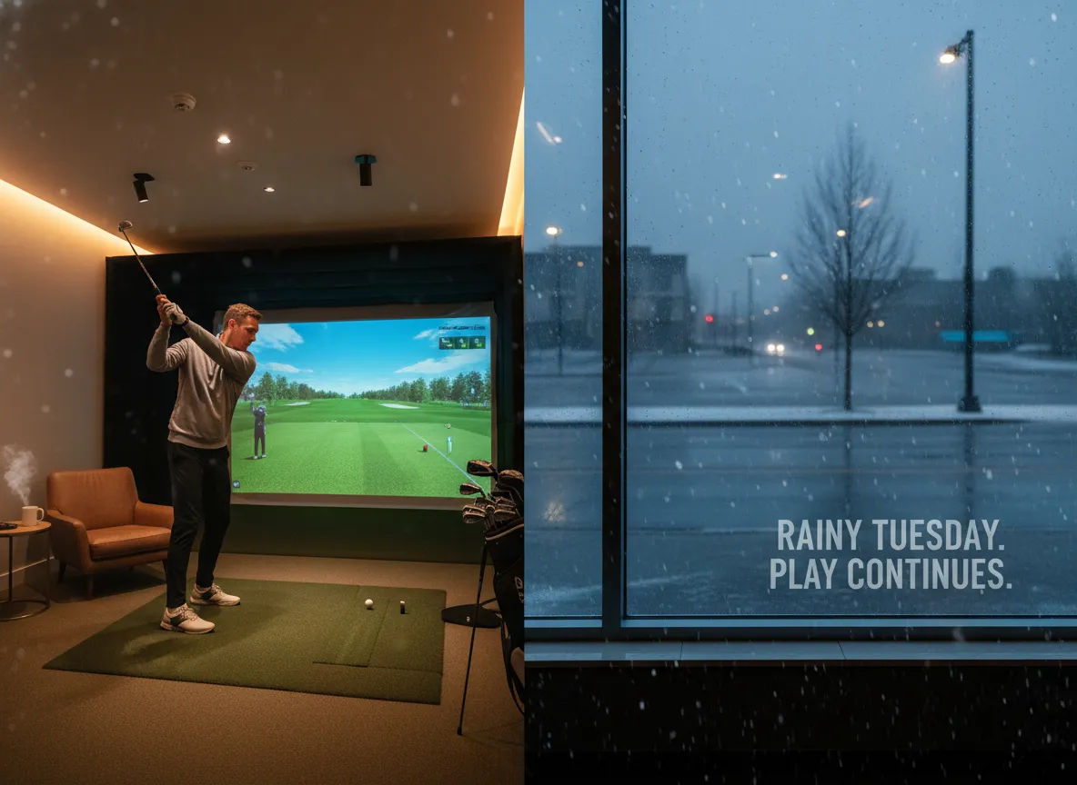 Climate controlled simulator bay golfer playing rainy evening window view
