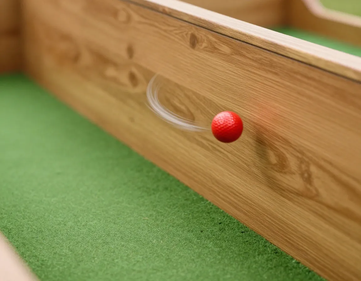 A golf ball banking off a wooden wall at a forty five degree angle