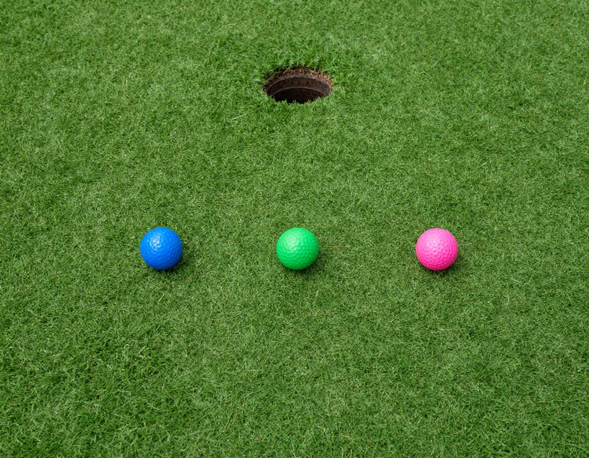 A close up of three golf balls lined up for a short putt challenge