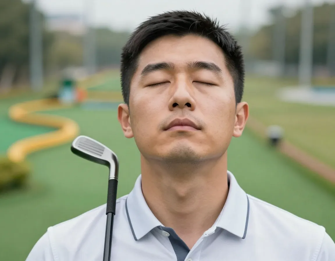 A golfer taking a deep breath with eyes closed before a crucial putt