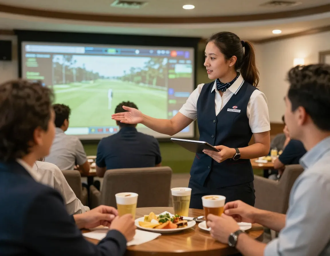 Knowledgeable staff member explaining technology scheduling hospitality service