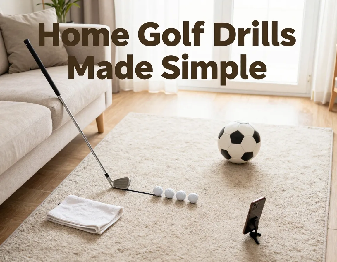 Living room golf drill setup seven iron towel soccer ball practice