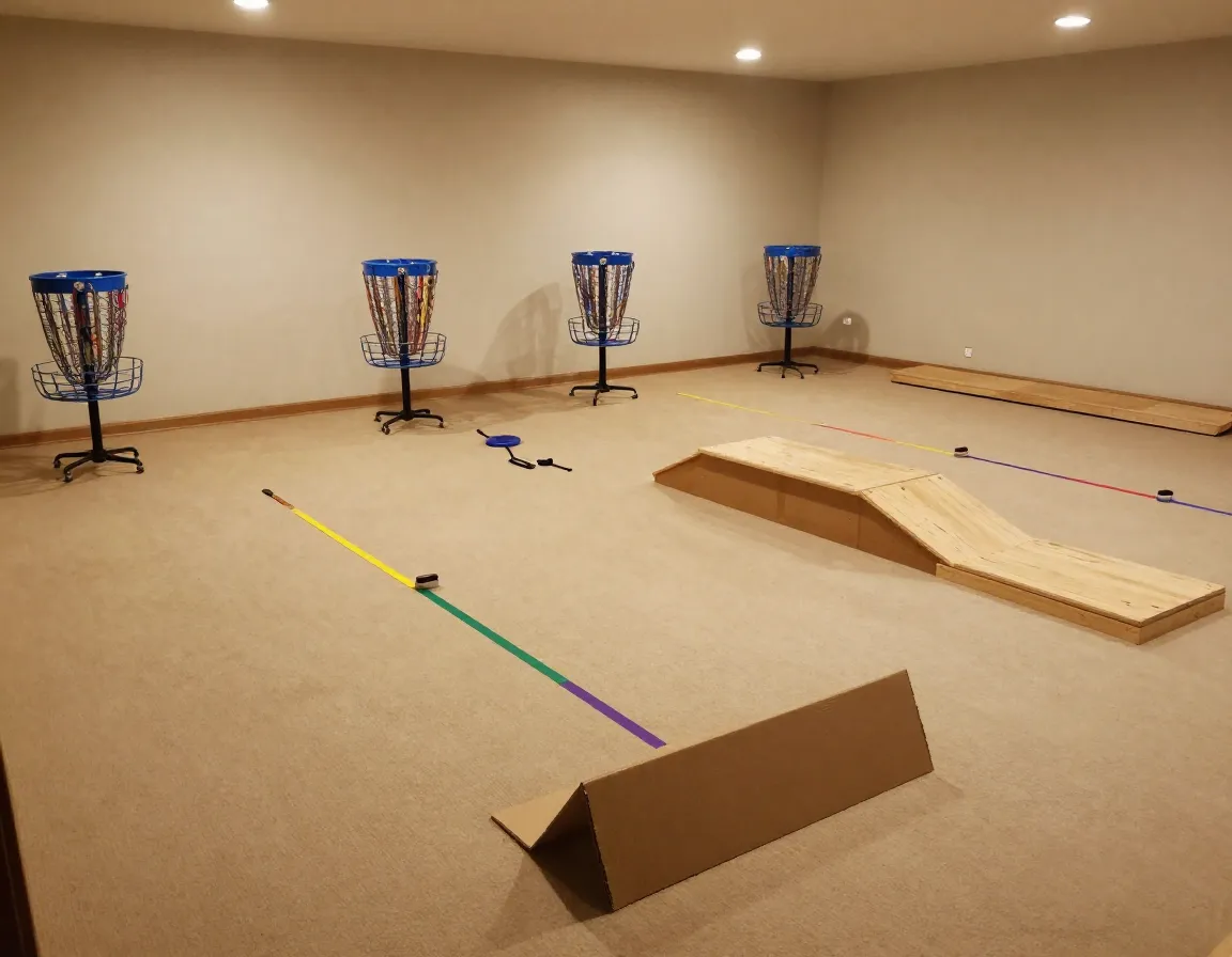 Basement championship circuit with multiple portable baskets and obstacles