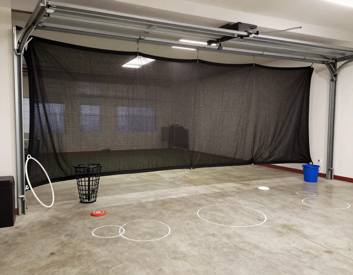 Garage door simulator system with large tarp and hanging moving targets